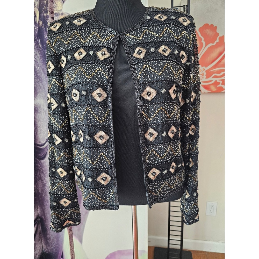 Papell Boutique Evening Black Beaded Embroidered Diamond Pattern Jacket Size L